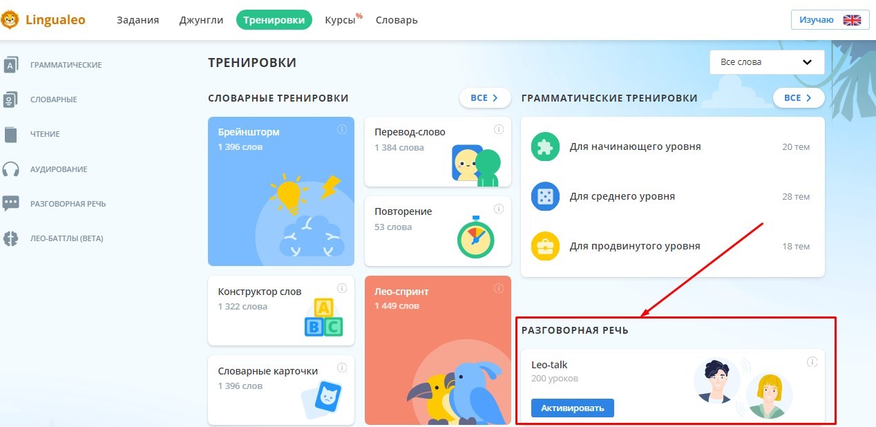 тренировка разговорная речь Лингуалео